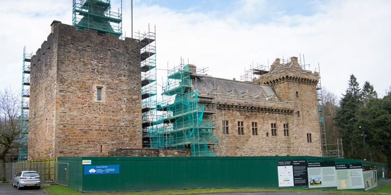 Dean Castle with scaffolding around it