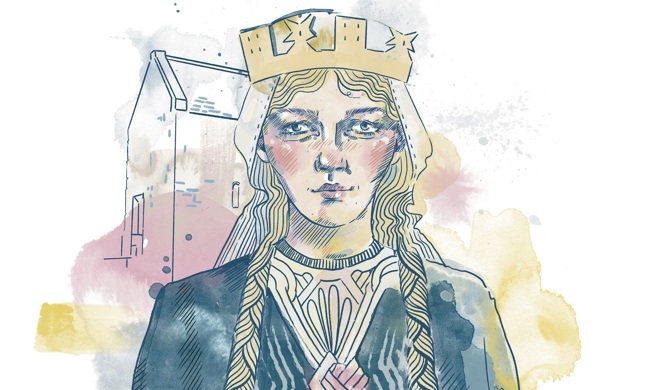 A woman wearing a crown, standing in front of a historic building