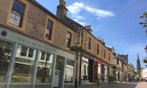 A row of traditional shopfronts in Falkirk