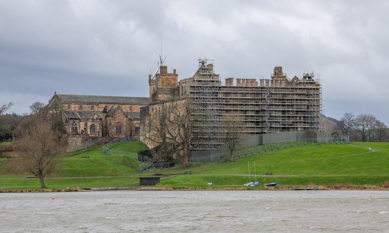 Exterior of Linlithgow Palace with scaffolding erected
