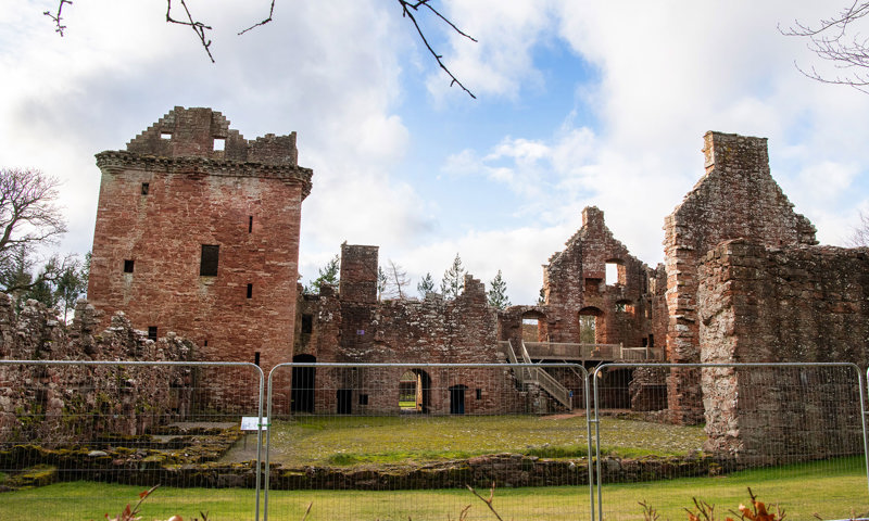 General view of Edzell Castle exterior showing access restricted by fencing due to high level inspections