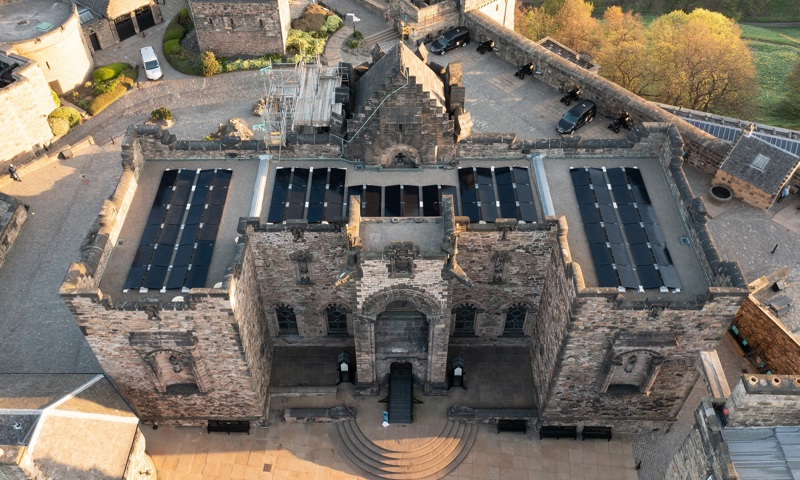 Aerial photo of the solar panels on the roof of the Scottish National War Memorial Building, Edinburgh Castle.