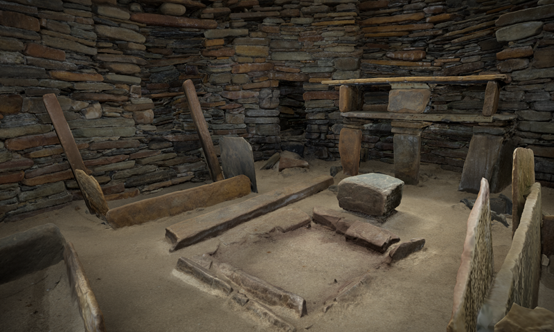 A screengrab from a 3D model of the interior of a Neolithic house with stone cupboards and beds
