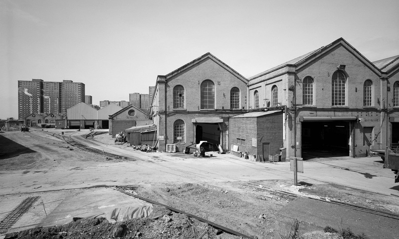 An archive photo showing the exterior of a locomotive works 