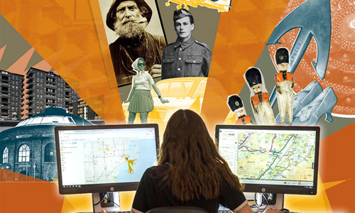 A drawing of a girl viewing two monitors and looking at paintings on a wall