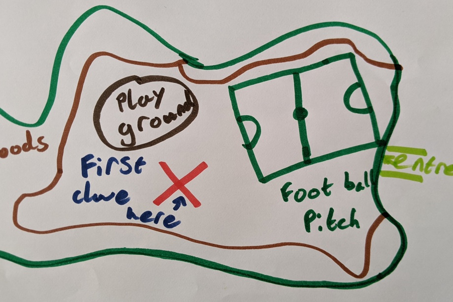 Drawing showing woods, a playground and a football pitch