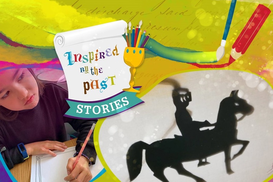 A child writing on a notebook, and a picture of a person riding a horse
