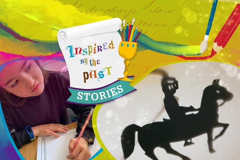 Composite image with an outline of a knight, a girl drawing and the words Inspired by the Past - Stories