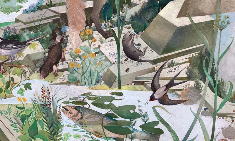 Detail from a mural depicting a rural scene. A bird swoops over a river or pond which is full of vegetation