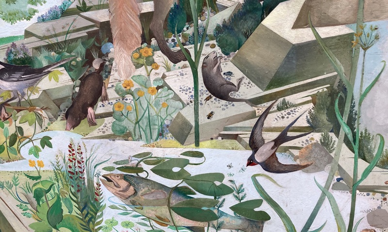Detail from a mural depicting a rural scene. A bird swoops over a river or pond which is full of vegetation 