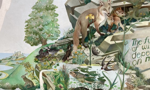 Detail from a mural showing a countryside scene. A fox and its cub climb a rocky outcrop. 
