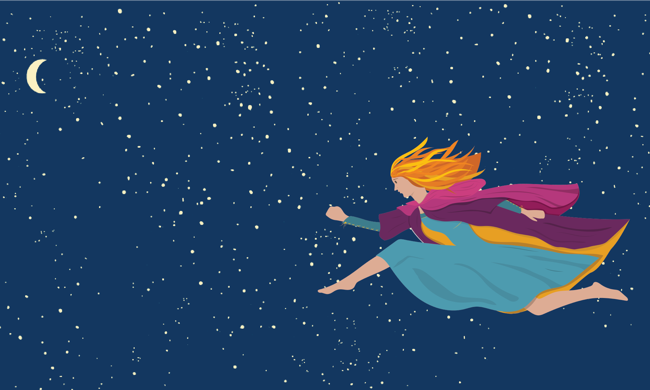 Illustration of starry night and woman leaping
