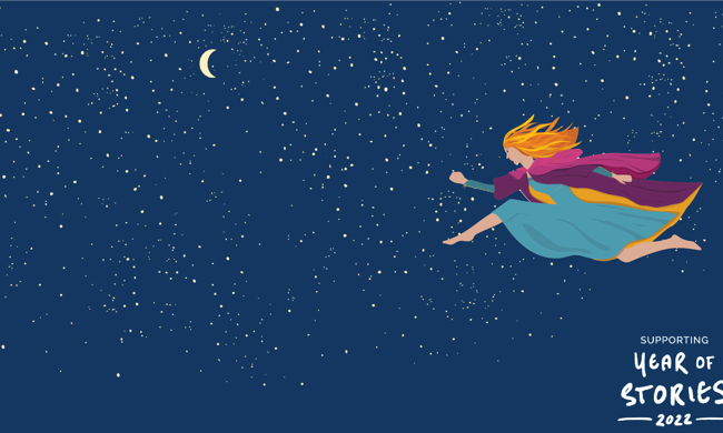 Illustration of starry night and woman leaping