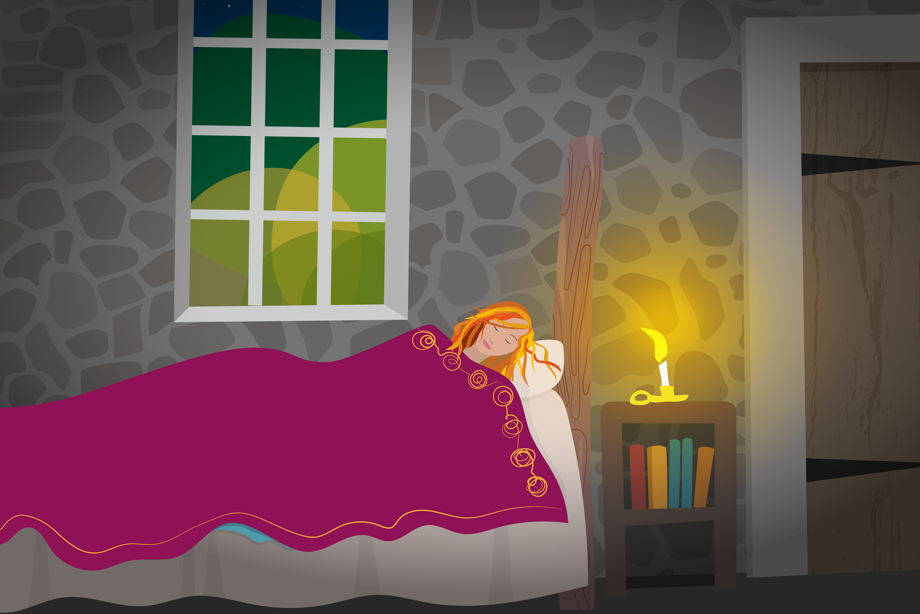 Illustration of woman in bed sleeping with a candle nearby