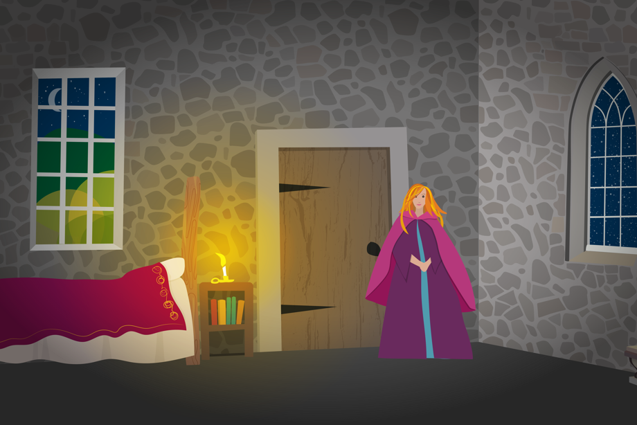 Illustration of woman in a bedroom standing by the door wearing a cape