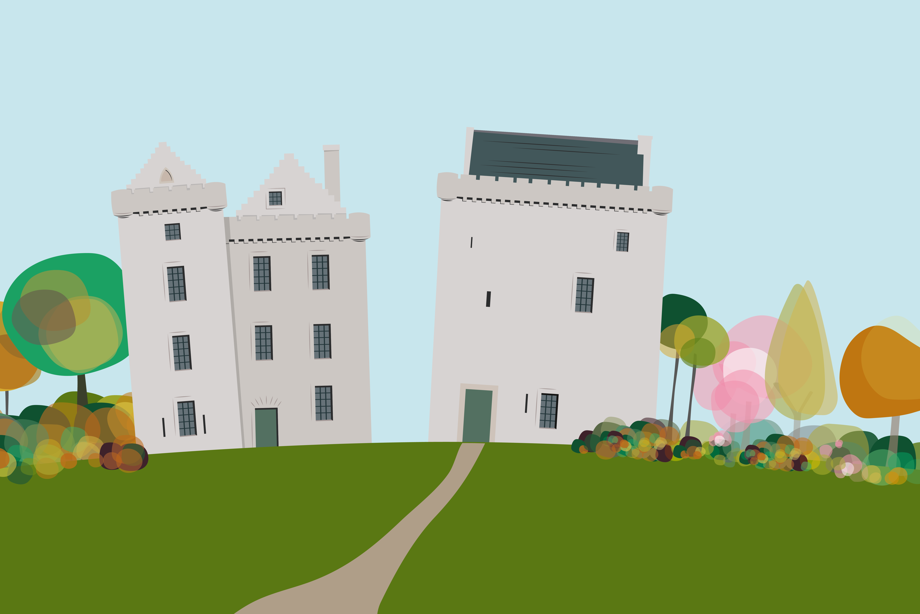 Illustration of a castle with a blue sky behind