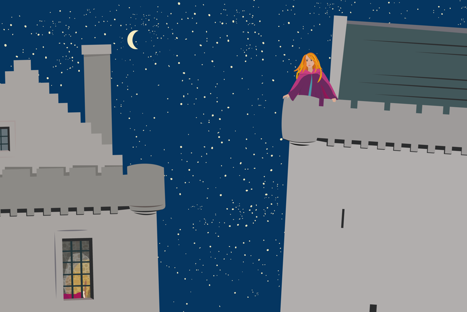 Illustration of a woman standing at the top of a tower looking across to another tower