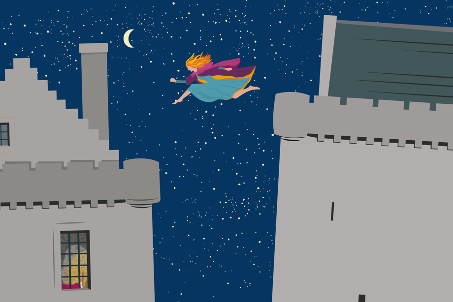 Illustration of a woman leaping from the rooftop of one tower to another