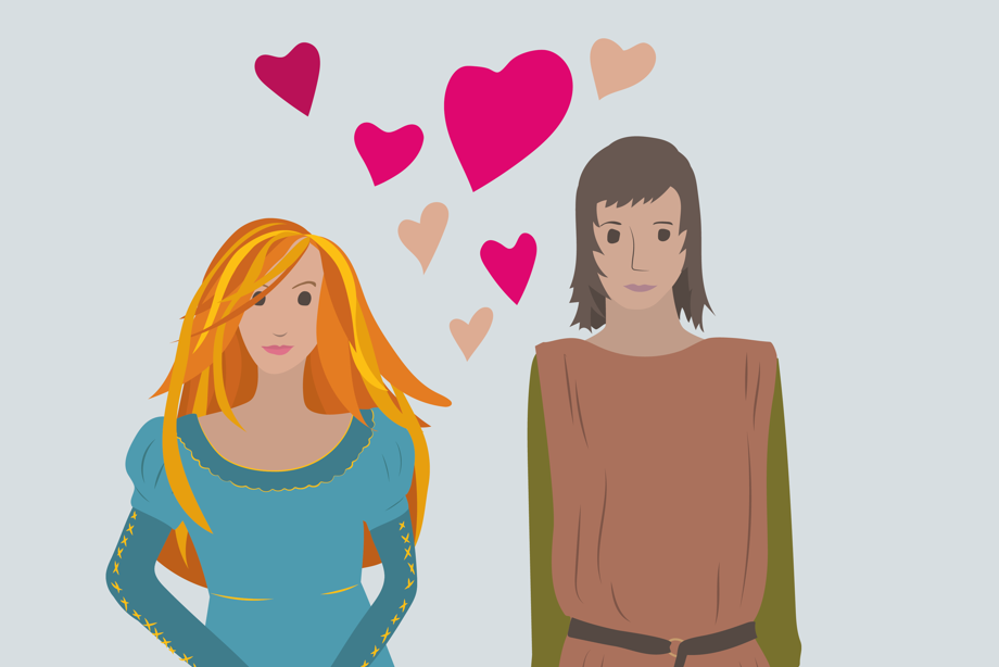 Illustration of a woman in a long dress and a man in a tunic with love hearts drawn between them