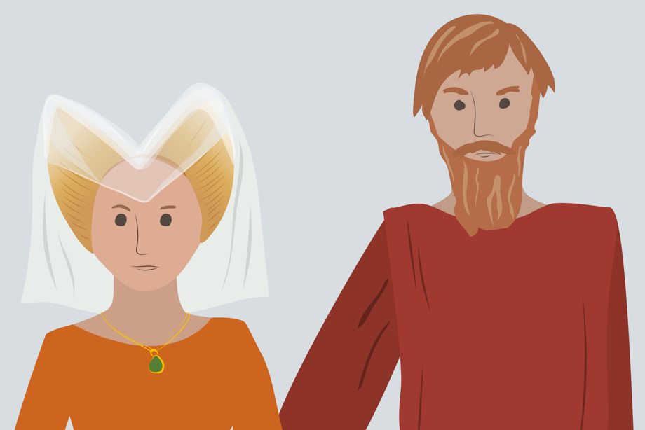 Illustration of a woman in a headdress and a man with a beard - both looking stern