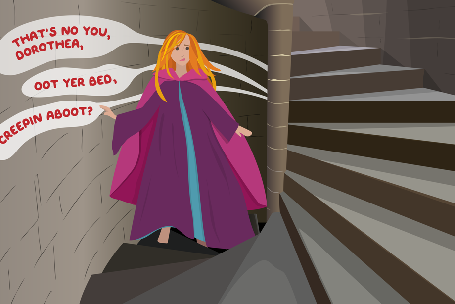 Illustration of a woman on some stairs with speech bubbles reading some of the lines of the poem