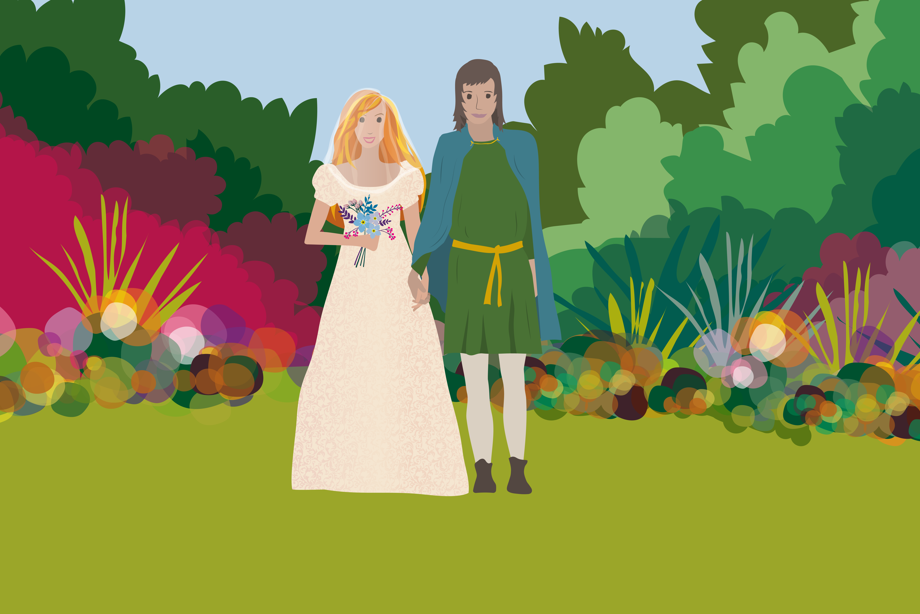 Illustration of a woman and man in wedding clothes surrounded by colourful trees and bushes