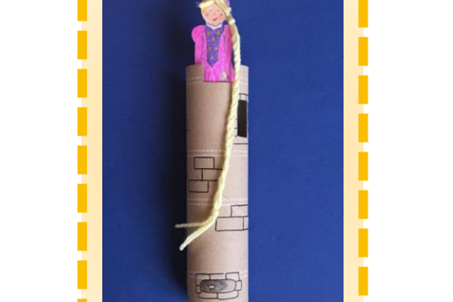 Photo of cardboard tube decorated as a tower with a card figure of a woman at the top