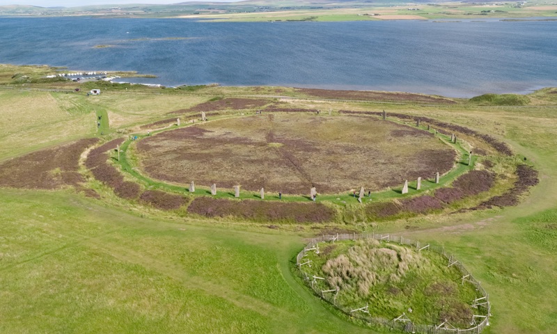 An aerial view of a large stone circle 