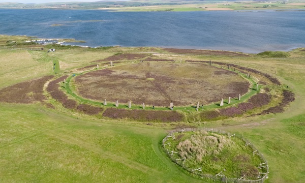 An aerial view of a large stone circle 
