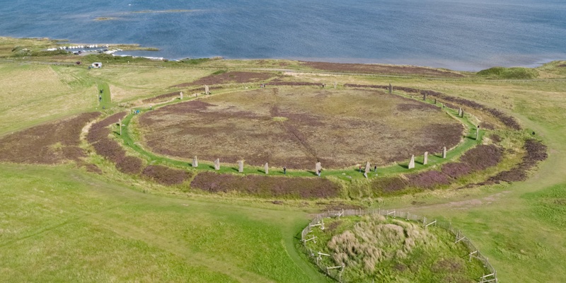 An aerial view of a large stone circle 