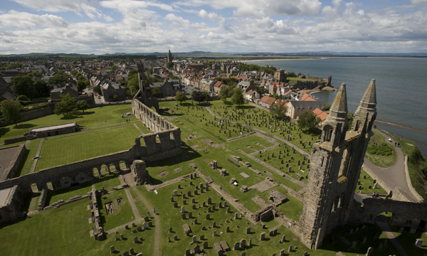 An aerial photo of St Andrews Cathedral