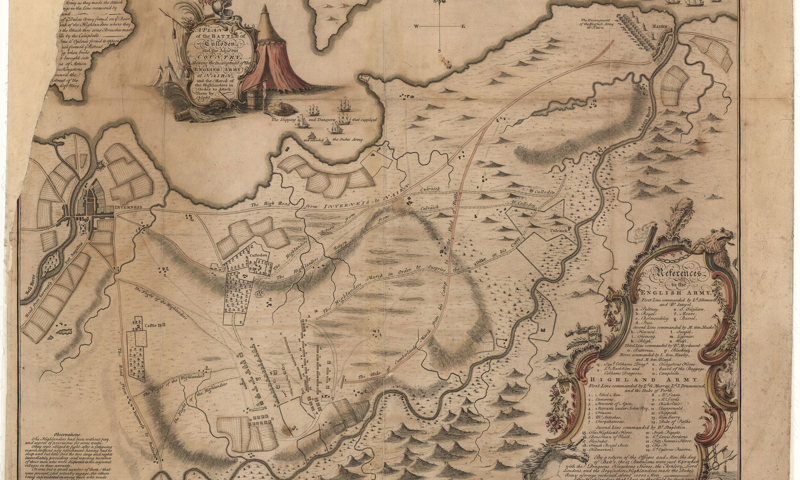 A historic map showing Culloden and the surrounding roads, rivers and settlements including Inverness. An alphabetical key denotes positions held by the "English" and "Highland" armies.
