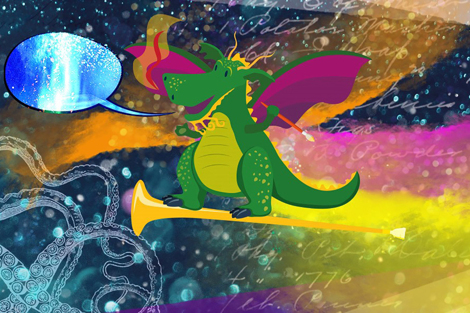 Graphic illustration of dragon character with fantasy background