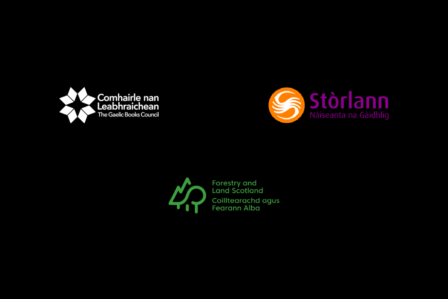 Partnership logos (Comhairle nan Leabhraichean, Stòrlann and  Coilltearachd agus Fearann ​​Alba)