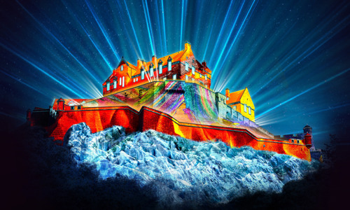 Colourful drawing of Edinburgh Castle with laser lights coming out the top