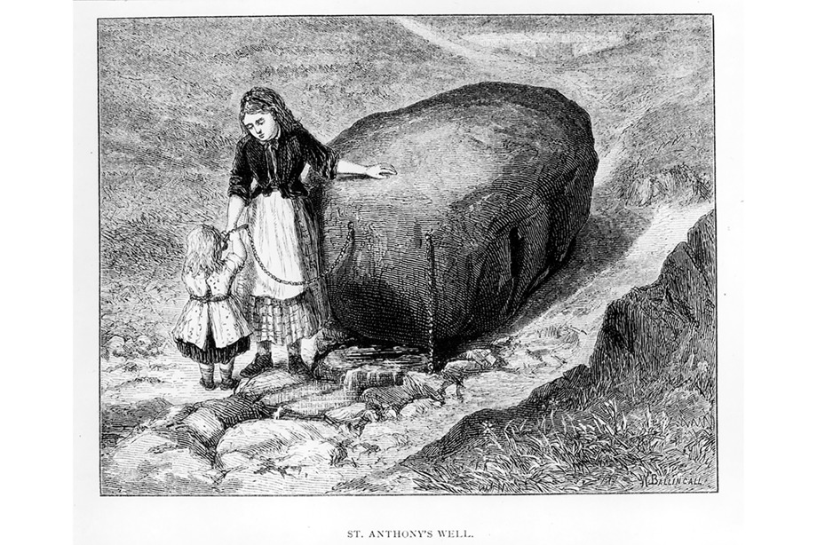 An illustration of an adult and child holding a chain at a large stone well