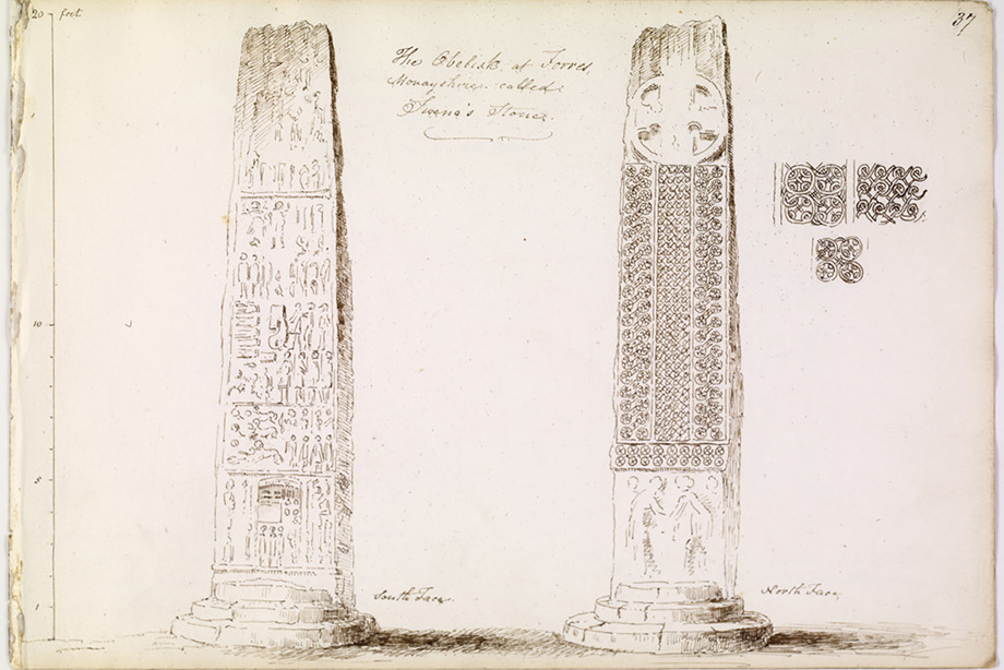 A drawing of both sides of an intricately carved Pictish stone