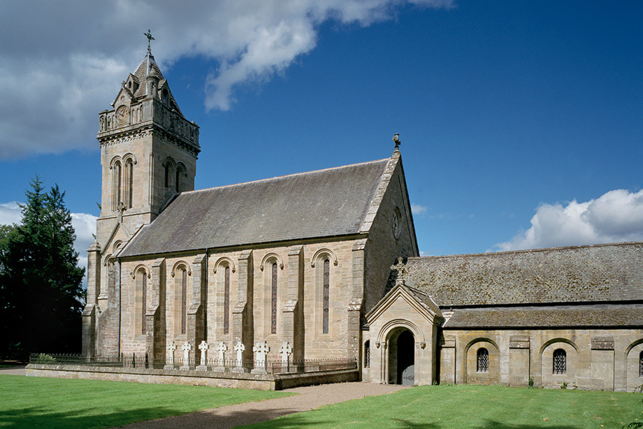 A long, stone chapel with a tall, square spire. Reference no: SC_1029168