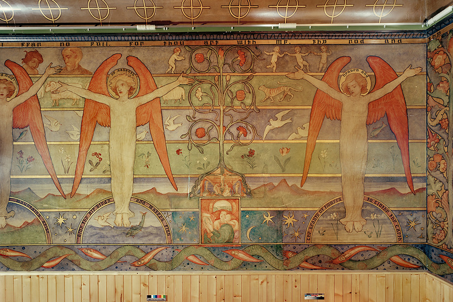 A painted mural of angels holding their hands in the air. Reference no: SC_1109063