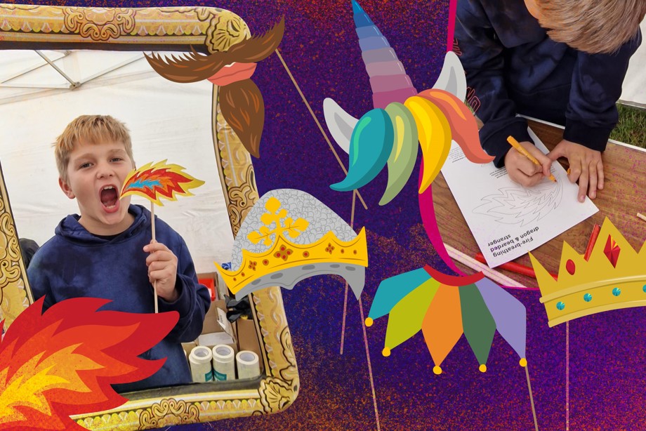 Drawings of crafts and a boy holding a paper prop representing fire