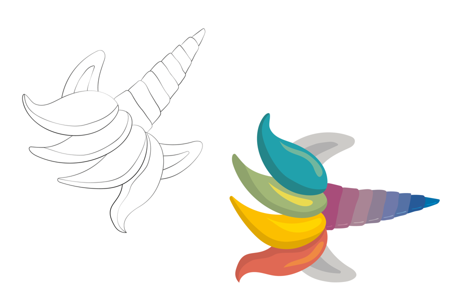Line drawing of unicorn horn and ears and full colour version next to it.