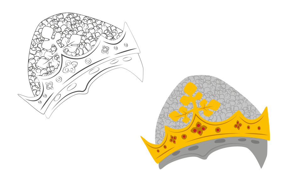 Line drawing of helmet and full colour version next to it.