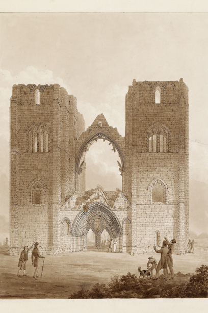 People standing outside a large stone cathedral with arched entranceway. Image reference number: DP_040123