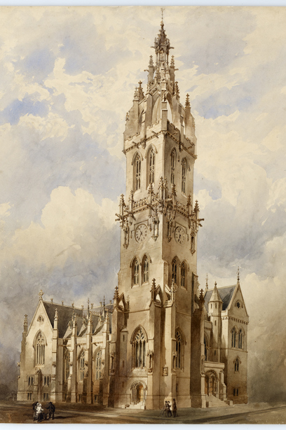 An ornately carved stone church with a towering spire. Image reference number: DP_085628