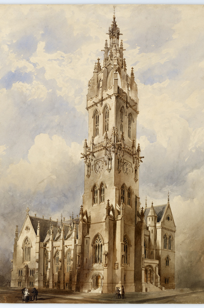 An ornately carved stone church with a towering spire. Image reference number: DP_085628