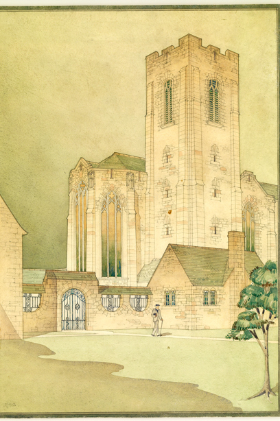 A tall stone church, with a wall surrounding the grounds and small gatehouse building. Image reference number: DP_058938