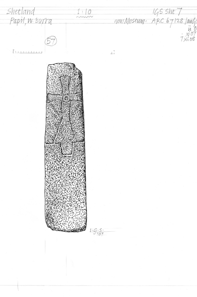 A tall standing stone, etched with a cross and detail in the cross including spirals and a lion
