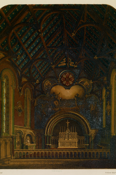 The inside of a historic church with many beautiful features including a wooden roof featuring murals of the stars. Reference no: SC_441185