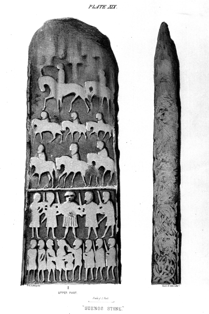 A standing stone carved with warriors on foot and on horseback