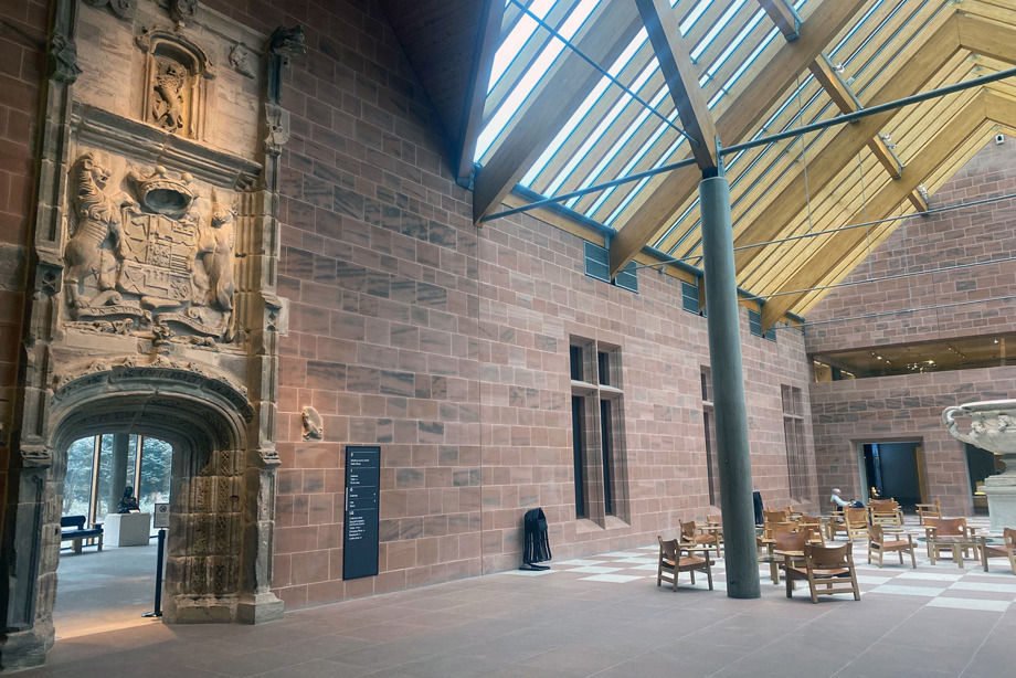 The Burrell Collections main hall which features a stone carved entrance way